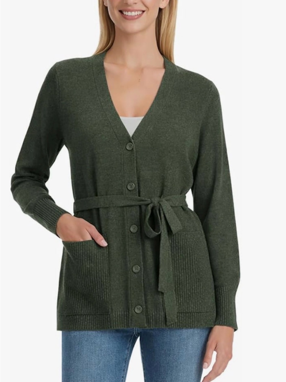 Splendid Olive Green Belted V-Neck Cardigan